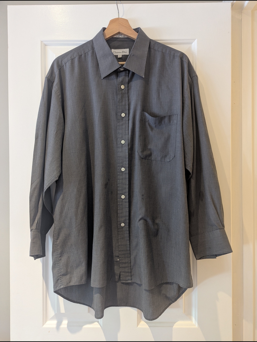 Vintage Christian Dior Mens Long Sleeve Dress Shirt Charcoal Gray Minimalist 90s